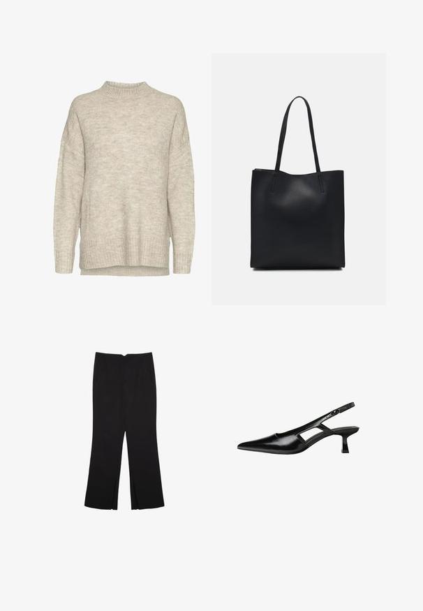 Světle béžový pletený svetr s vysokým výstřihem, spadlými rameny, žebrovanými manžetami a lemem. Tkanina má jemnou, strukturovanou povrchovou úpravu.; Černé kalhoty s rovným střihem, s předními kapsami a bočními rozparky na lemu. Vyrobené z jemné, hladké tkaniny. Vhodné na různé příležitosti.; Černé lakované lodičky na podpatku se špičatou špičkou, výřezovým designem na boku a malým čtvercovým podpatkem. Hladká textura s minimálními akcenty.; Černá kožená taška přes rameno s hladkým povrchem, obdélníkovým tvarem a dvěma dlouhými uchy. Žádné viditelné kování ani ozdoby.