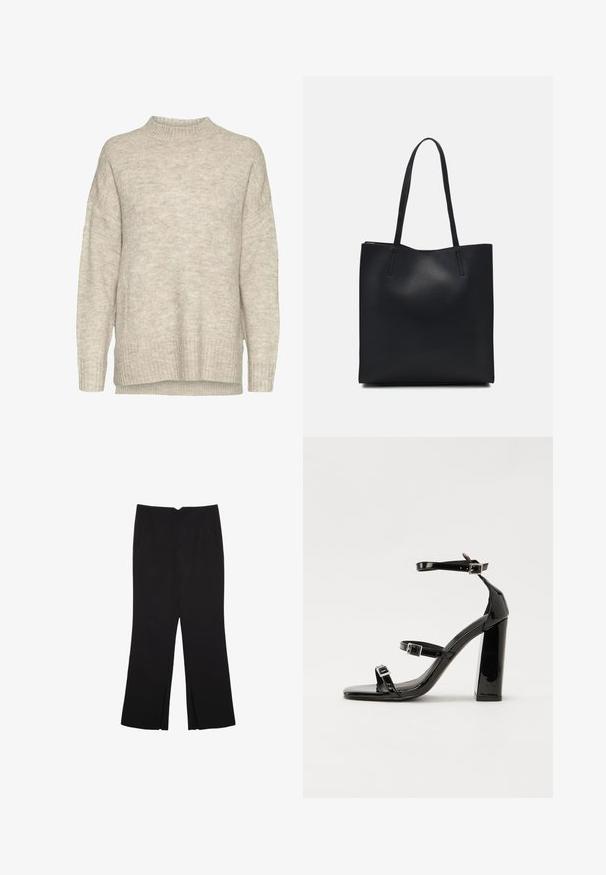 Pull en tricot beige clair avec un col montant, des épaules tombantes, des poignets et un ourlet côtelés. Le tissu présente une finition douce et texturée.; Pantalon noir avec une coupe droite, doté de poches avant et d'éclairs sur l'ourlet. Fabriqué en tissu doux et lisse. Convient à diverses occasions.; Sandales à talons vernies noires avec un bout carré, des sangles autour de la cheville et des boucles en argent. Dotées d'un talon bloc épais pour plus de stabilité.; Sac fourre-tout en cuir noir avec une texture lisse, de forme rectangulaire et deux longues poignées. Pas de matériel ou d'ornementations visibles.