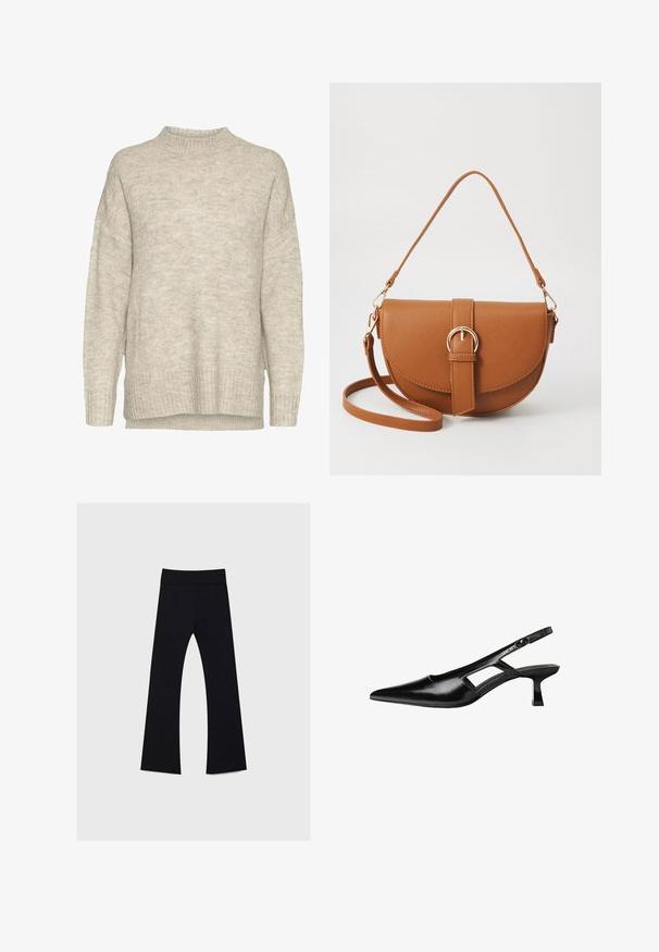 Helle beige Strickjacke mit einem hohen Kragen, fallenden Schultern, gerippten Bündchen und Saum. Der Stoff hat eine weiche, strukturierte Oberfläche.; Schwarze Yogahosen mit hohem Bund, aus dehnbarem Stoff, mit einem ausgestellten Bein-Design und einer durchgehend glatten Textur.; Schwarze Lackleder-Slingback-High Heels mit spitzer Zehenform, ausgeschnittenem Seitendesign und kleinem Blockabsatz. Glatte Textur mit minimalen Akzenten.; Braune Leder-Crossbody-Tasche mit geschwungener Form, goldfarbenen Beschlägen und einer Schnallenakzentuierung. Verfügt über einen abnehmbaren Schultergurt.