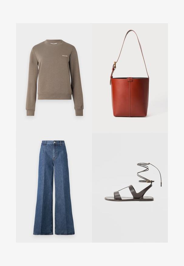 Brązowy sweter z długimi rękawami, okrągłym dekoltem i ściągaczami przy mankietach. Posiada małe białe logo na górnej lewej stronie. Miękka struktura.; Szerokie niebieskie dżinsy z wysokim stanem, wyposażone w klasyczny pięciokieszeniowy styl i zapięcie na guzik, wykonane z teksturowanej bawełny.; Brązowe skórzane sandały z płaską podeszwą, charakteryzujące się minimalistycznym wzornictwem, zaokrąglonym paskiem na kostkę oraz licznymi wycięciami dla lepszej wentylacji.; Brązowa skórzana torebka w kształcie wiadra z regulowanym paskiem na ramię i złotą klamrą, prosta pionowa szew na przodzie.