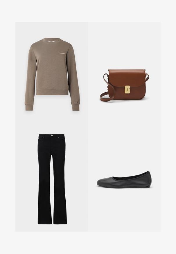 Rudas sportinis džemperis su ilgomis rankovėmis, apvalia iškirpte ir gumuotomis rankogaliais. Ant viršutinės kairės pusės yra mažas baltas logotipas. Minkšta tekstūra.; Juodi plačios kojų džinsai, pagaminti iš denimo, turintys dvi priekinės kišenes, užsegimą su mygtuku ir lygią tekstūrą. Išsiuvinėjimas matomas siūlėse.; Juodai odiniai baletai su apvaliu pirštu, lygi texture, minimalus siuvimo detales ir lanksčiu padų dizainu.; Ruda odinė rankinė su uždaromu dangteliu, aukso spalvos detalėmis, petneša ir lygiu paviršiumi. Kompaktiška stačiakampio formos.