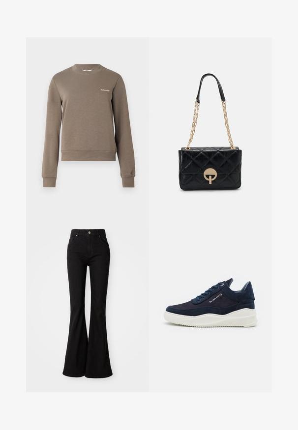 Rjava dukserica z dolgimi rokavi, okroglim izrezom in rebrastimi manšetami. Ima majhen bel logotip na zgornji levi strani. Mehka tekstura.; Črne široke jeans hlače iz jeansa, z visoko pasom, zapiranjem na gumb in klasičnim zasnovo petih žepov. Gladke teksture in enakomerne barve.; Temno modri semiš športniki z belimi gumijastimi podplati, okroglo prstno področje in vezalni dizajn. Imajo detajl logotipa na strani in teksturirane poudarke.; Črna prešita usnjena torbica z zlatim verižnim ročajem, ki vsebuje okroglo zapiralno podrobnost. Kompaktna pravokotna oblika z gladko teksturo.