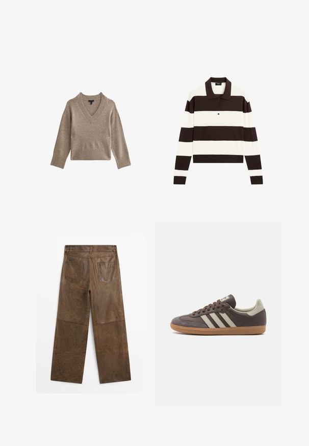 Sweter w serek w jasnobrązowym kolorze, wykonany z miękkiego materiału. Posiada opuszczone ramiona, prążkowane mankiety i dół, z luźnym, skróconym krojem.; Koszula polo z długim rękawem, charakteryzująca się naprzemiennymi ciemnobrązowymi i białymi poziomymi paskami, kołnierzykiem oraz zapięciem na guziki. Wykonana z miękkiego materiału.; Brązowe skórzane spodnie o szerokich nogawkach z dwiema kieszeniami z tyłu i widocznym przeszyciem, pokazane z tyłu na białym tle.; Brązowe skórzane trampki z trzema jasnymi paskami, gumową podeszwą, zaokrąglonym noskiem oraz teksturowanymi zamszowymi akcentami na pięcie i nosku.