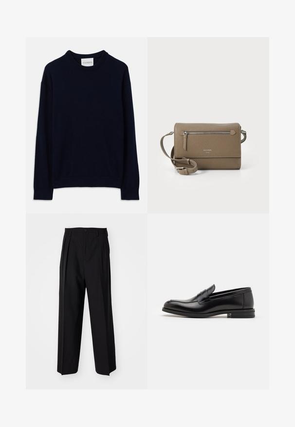 Suéter de malha azul-marinho de mangas longas e corte crewneck, com punhos e bainha canelados, apresentando um pequeno rótulo branco com "CLOSED" na gola.; Calças pretas plissadas com um design reto e de perna larga. Feitas de um tecido liso, apresentam um fecho de botão e passantes para cinto.; Mocassins de couro preto com uma textura suave, bico arredondado e uma faixa decorativa sobre o peito do pé. Salto baixo e empilhado, design minimalista.; Bolsa crossbody em couro taupe com um bolso frontal com fecho, alça ajustável, textura de pedra e logótipo em relevo na parte da frente.