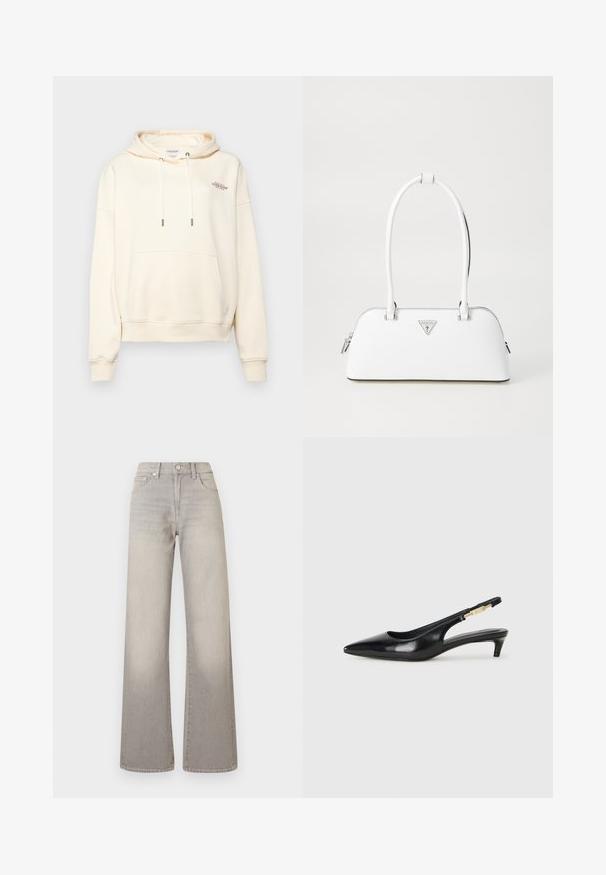 Kreminės spalvos džemperis su kapišonu, pagamintas iš minkštos medžiagos, turintis priekinę kengūros kišenę, raištelius su metaliniais galiukais ir mažą siuvinėtą logotipą.; Pilki plačių kojų džinsai su išblukusiu apdailos efektu, mygtukų uždarymu, penkių kišenių dizainu ir siuvinėjimu palei siūles.; Juodas odinis pavasario batelių modelis su smailiu nosiu, turintis siaurą kulniuką ir auksinės spalvos akcentu reguliuojamoje juostoje. Lygi tekstūra.; Balta odinė rankinė, turinti kreivą formą, su sidabriniu trikampiu logotipu ir užtrauktuko uždarymu. Lygi tekstūra ir dvigubi rankenai.