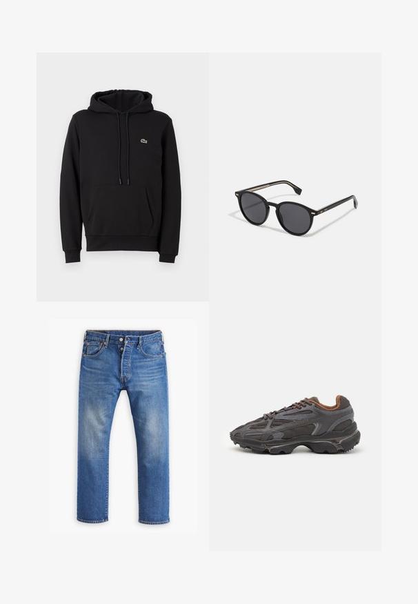 Svart bomull hettegenser med frontlomme, justerbar snøring i hetten, ribbestrikkede mansjetter, og en liten grønn brodert logo.; Blå denimjeans, rett ben-design, med synlig falming, knapp- og glidelås-lukking, fem lommer og oransje sømdeksler.; Lacoste-sneakers i mørkegrått med mesh- og syntetisk materiale, med en teksturert såle og brune detaljer på kragen og merket.; BOSS Solbriller - black