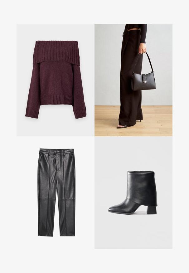 Copenhagen Muse ANDREA  - Πουλόβερ - winetasting melange; Μαύρο δερμάτινο παντελόνι με λεία υφή, διαθέτει ίσια γραμμή, δύο μπροστινές τσέπες και εμφανείς λεπτομέρειες ραφής.; Μαύρη δερμάτινη μπότες μέχρι τον αστράγαλο με μυτερή μύτη, λεία υφή και δομημένο τακούνι. Διαθέτει υψηλό, διπλωμένο σχέδιο στην επάνω μεριά.; Μαύρη τσάντα χειρός με δομημένο σχήμα, λεία υφή και μεταλλικό κούμπωμα. Συνδυασμένη με φαρδιά μαύρα παντελόνια και σανδάλια ανοιχτής μύτης πάνω σε ξύλινο πάτωμα.