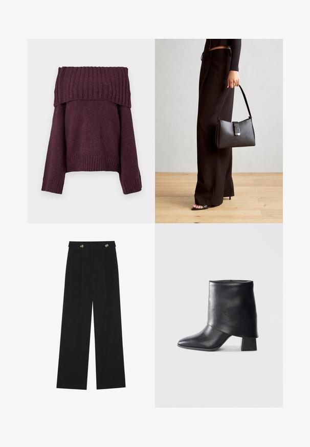 Copenhagen Muse ANDREA - Svetr - winetasting melange; Černé široké kalhoty s vysokým pasem, detailní knoflíky na pase a přední záhyby.; Černá kožená kotníková bota s špičatou špičkou, hladkým povrchem a pevně strukturovaným blokovým podpatkem. Disponuje vysokým, skládacím manžetovým designem.; Černá kabelka se strukturovaným tvarem, hladkým povrchem a kovovým uzávěrem. Kombinována s širokými černými kalhotami a sandály s otevřenou špičkou na dřevěné podlaze.