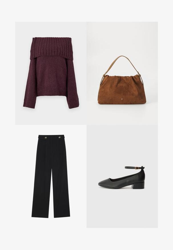 Copenhagen Muse ANDREA - Strikkegenser - winetasting melange; Svart vide bukser med høy midje, knappdetaljer på midjebåndet og frontplisser.; Sorte skinnpumper med spiss tå og lav blokkhelt. Har ankelrem med gullfarget spenne. Glatt tekstur.; Brun semsket håndveske med en samlet design, som har en enkelt tan lærrem og en subtil gull logo detalj på forsiden.