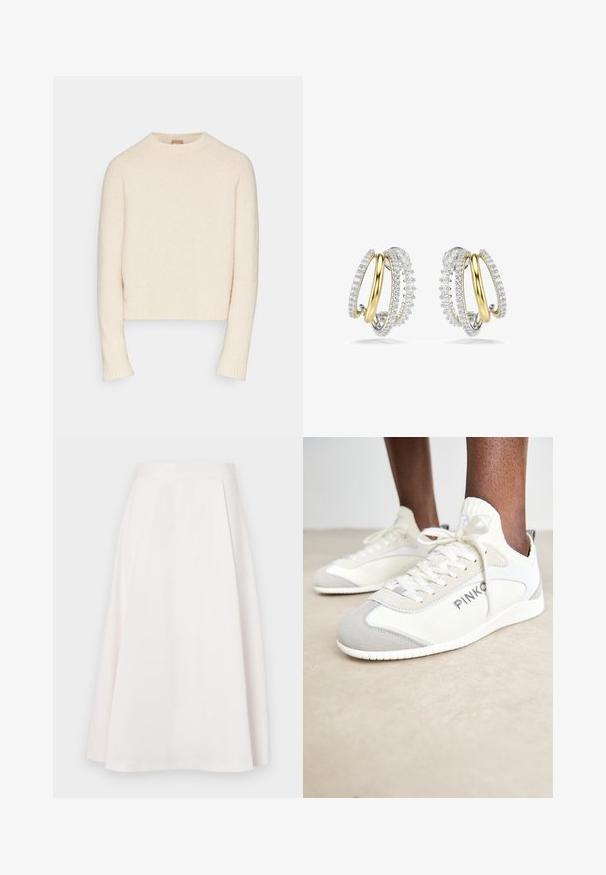 Cremfarbener, verkürzter Pullover aus weichem Strickstoff, mit rundem Ausschnitt, gerippten Bündchen und glatter Textur.; Ein knielanger, weißer A-Linien-Rock aus glattem Stoff, mit einem flachen Bund und dezenten Falten für zusätzliche Form und Bewegung.; Weiße und graue Sportschuhe mit strukturiertem Stoff und Wildlederakzenten. Mit Schnürdesign und sichtbarem Branding an der Seite.; Gold- und Silberohrringe mit ineinander verschlungenen Designs, verziert mit klaren Edelsteinen entlang der äußeren Kanten, die mit aufwendigen Details glänzen.