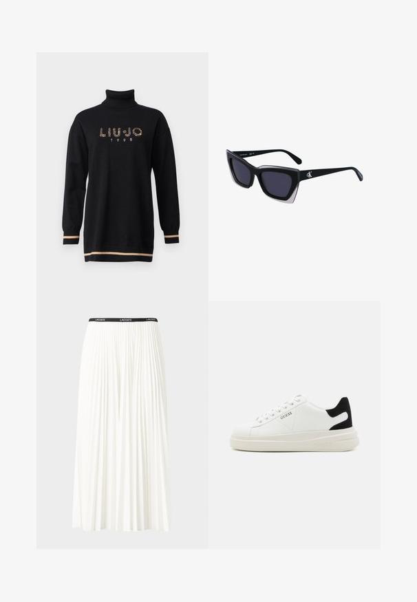 Zwarte coltrui met lange mouwen, voorzien van een rhinestonen logo "LIU JO" en het jaartal "1995", afgewerkt met beigekleurige strepen aan de onderrand en manchetten.; Plisséminirok in het wit met een zwarte elastische tailleband met het "LACOSTE"-logo. Middellange ontwerp met een zachte textuur.; Witte leren sneakers met een dikke witte zool, zwarte suède hielaccent en een geperst logo op de zijkant. Vetersluiting met zes oogjes.; Zwarte oversized zonnebril met een geometrische vorm, voorzien van donkere glazen en een contrasterend grijs detail op het montuur. Logo op de arm.