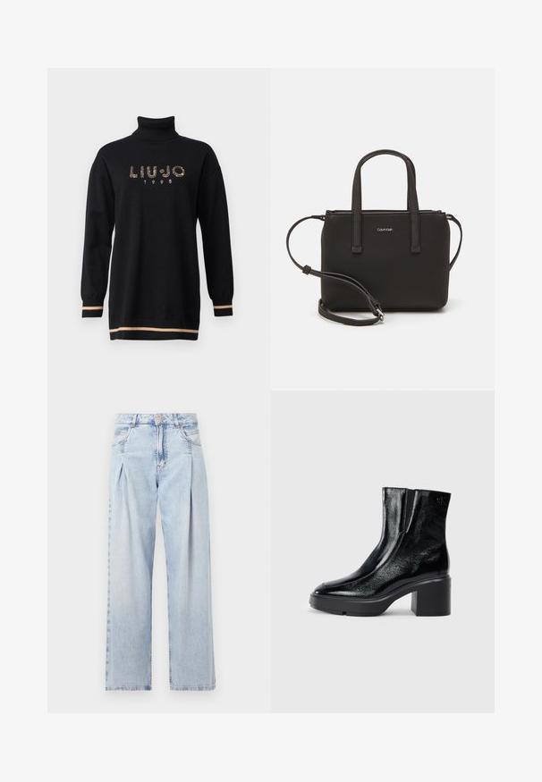 Jersey de cuello alto negro con mangas largas, que presenta un logotipo de rhinestone "LIU JO" y el año "1995", acentuado con rayas beige en el dobladillo y los puños.; Jeans de mezclilla azul claros con cintura alta, corte de pierna ancha, dos bolsillos laterales y un diseño plisado. Textura suave con un acabado deslavado.; Botas de tobillo de charol negro con puntera curva, paneles laterales elásticos y un tacón ancho. Presentan un logo embosado en la parte posterior.; Bolso de mano negro con dos asas cortas y una correa de hombro removible. Material suave tipo cuero con cierre de cremallera y detalle del logo.
