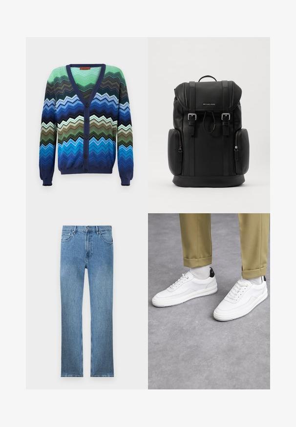 Multicolored zigzag patterned cardigan. Made of knit fabric, features a navy blue V-neck, button closure, and ribbed cuffs.; Light blue denim jeans with a straight cut, five pockets, a zipper fly, and contrasting stitching. Fabric has a smooth, textured finish.; White sneakers with a textured leather finish, rounded toe, and black heel accent. Rubber sole with small tread pattern and stitched detail.; Black leather backpack with textured surface, flap closure, metal hardware, side zip pockets, and brand logo on the front.