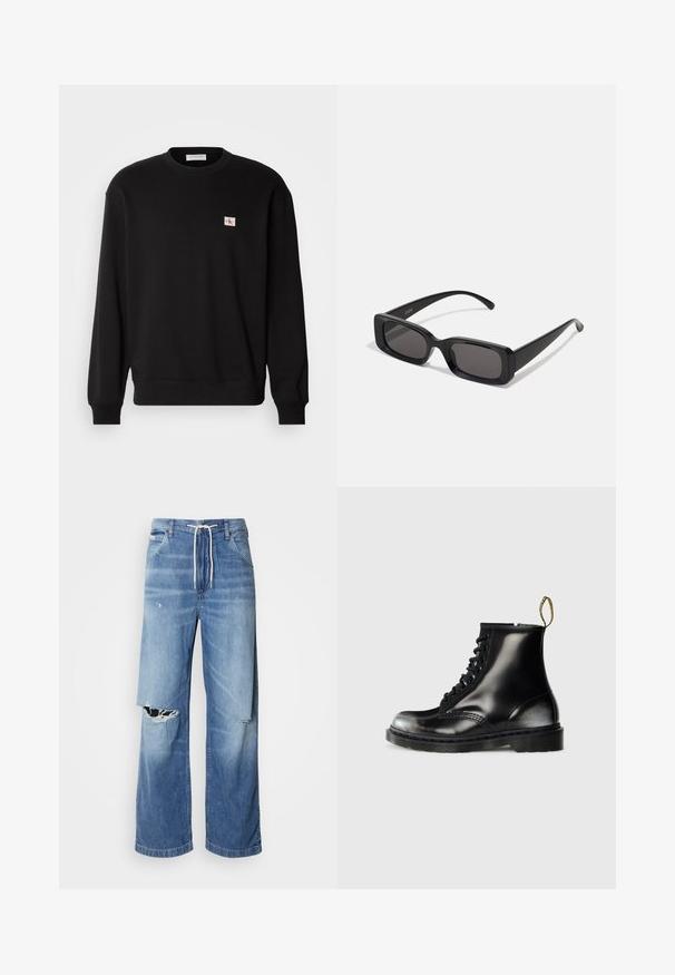 Fekete pamut környakú pulóver hosszú ujjal, kis, téglalap alakú logóval a mellkason és bordás mandzsettákkal.; Világoskék farmernadrág laza szabással, fehér húzózsinóros derékpánttal, a elején jellegzetes szakításokkal, amelyeken cérnával szelektált szélek láthatók.; Fekete bőr bokacsizmák fényes felülettel, nyolc fűzőlyukkal, fekete cipőfűzővel és húzófüllel. Mintás talppal rendelkezik.; Fekete, téglalap alakú napszemüveg sötét lencsékkel, fényes felülettel, széles szárakkal és masszív keret designnal. Az egyik szárra gravírozott márkanevével.