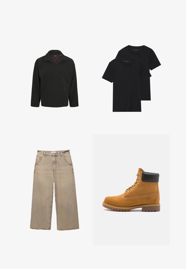 Donker fleece pullover met een halve rits kraag, lange mouwen en een zachte, gestructureerde oppervlakte. Geen zichtbare patronen of accenten.; Twee zwarte katoenen t-shirts met korte mouwen, ronde halslijnen en een gladde textuur, gepresenteerd op elkaar gestapeld.; PULL&BEAR MEGA BAGGY - Baggy jeans - light grey; Tan suède enkelboot met zwart gevoerd kraagje, gouden metalen oogjes, witte stikdetails en een robuuste rubberen zool met uitgesproken profiel.