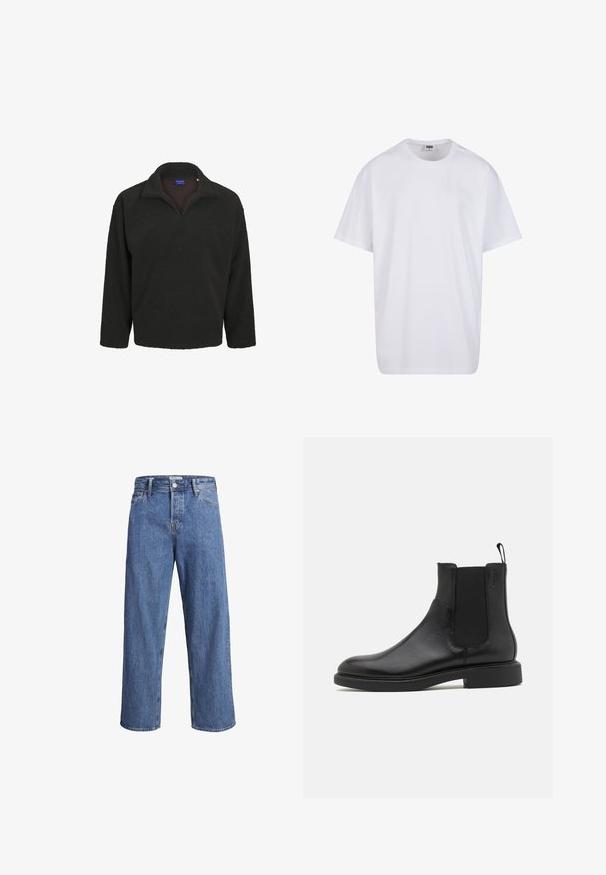 Mørk fleece genser med halv glidelås i kragen, lange ermer og en myk, teksturert overflate. Ingen synlige mønstre eller detaljer.; Hvit bomull t-skjorte med korte ermer, rund utringning, avslappet passform, og ingen synlige logoer eller mønstre. Glatt tekstur og minimalistisk design.; Lyse blå denimjeans med rett ben, høy midje og minimale sømdetaljer. Stoffet har en myk, lett bleket tekstur.; Sorte lær ankelsko med glat tekstur, elastiske sidepaneler og en løkke til at tage fat i. Rund tå og flad gummisål med minimal slidbane.