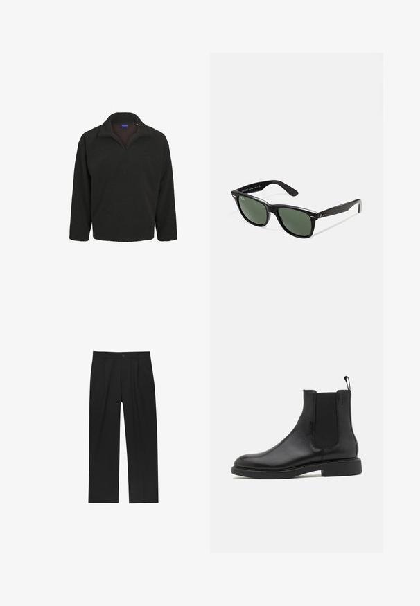 Tmavý čiapkový pulóver s polovetrným zipsom, dlhými rukávmi a mäkkým, textúrovaným povrchom. Žiadne viditeľné vzory ani akcenty.; Čierne nohavice s rovnými nohavicami, vyrobené z hladkej tkaniny. Majú predné puky a jediné gombíkové zapínanie v páse.; Čierne kožené členkové topánky s hladkým povrchom, elastickými bočnými panelmi a pútkom. Okrúhla špička a plochá gumová podrážka s minimálnym dezénom.; Čierne plastové slnečné okuliare so zelenými šošovkami, štvorcové rámy, strieborný akcent na obočí a textúrované ramenné opierky. Brand uvedený na vnútornej strane ramien.