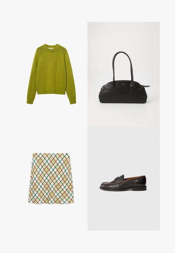 Maglione verde a maglia con scollo a girocollo a coste, maniche lunghe e vestibilità rilassata. Presenta un motivo testurizzato e polsini e orlo a coste.; Gonna A-line bianca con motivo a quadri incrociati verde, marrone e giallo, lunghezza al ginocchio, esposta su uno sfondo bianco.; Mocassini in pelle nera con finitura liscia, punta tondeggiante e dettagli cuciti. Presentano un tacco basso e un design minimalista.; Borsa a mano in pelle nera di forma arrotondata, con due manici lunghi, dettagli in oro e un piccolo cartellino attaccato. Chiusura superiore con cerniera.