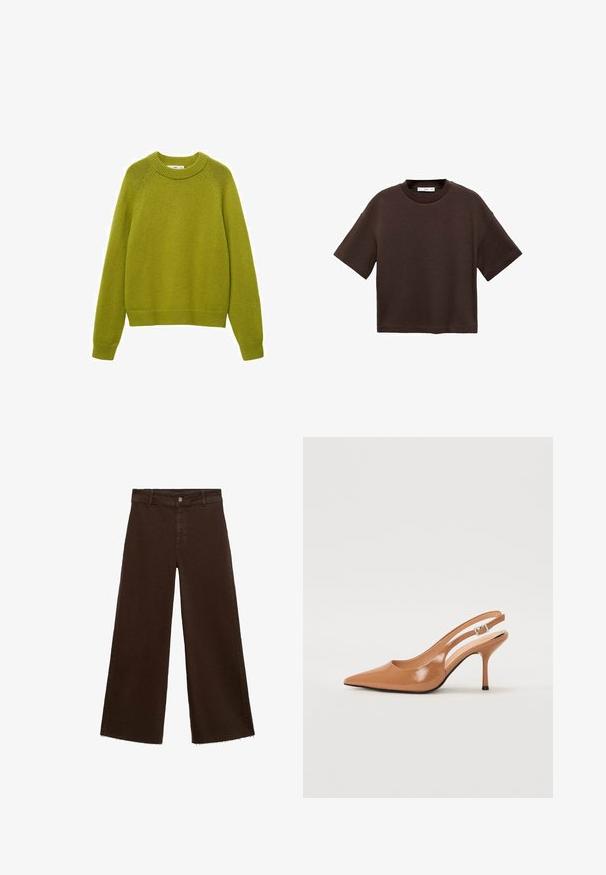 Grüner Strickpullover mit einem gerippten Rundhalsausschnitt, langen Ärmeln und einer lockeren Passform. Besitzt ein strukturiertes Muster sowie gerippte Bündchen und Saum.; Braun t-Shirt mit kurzen Ärmeln aus weicher Baumwolle. Verfügt über einen runden Ausschnitt und einen kastigen Schnitt, mit einer glatten Textur und ohne sichtbare Muster.; Braune, weit geschnittene Hosen aus Baumwollmischung mit fransigem Saum, vorderem Knopfverschluss und klassischem Fünf-Taschen-Design. Minimalistisch und vielseitig.; Spitz zulaufender Slingback-Absatz aus einem glatten, glänzenden, tanfarbenen Material. Mit einem geschwungenen Ausschnitt-Design und einem schlanken Stiletto-Absatz. Silberne Schnallendetails.