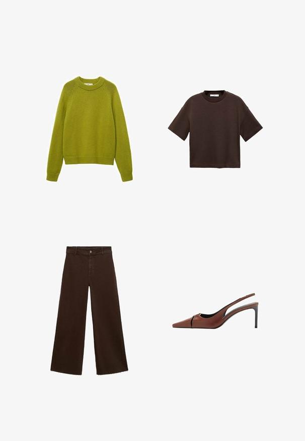 Groene gebreide trui met een geribbelde ronde hals, lange mouwen en een relaxte pasvorm. Bevat een gestructureerd patroon en geribbelde manchetten en zoom.; Bruine T-shirt met korte mouwen, gemaakt van zachte katoen. Heeft een ronde halslijn en een recht model, met een gladde textuur en geen zichtbare patronen.; Bruine wijde broek in katoenmix, met een rafelige zoom, sluiting met een knoop aan de voorkant en een klassieke vijf-pocketstijl. Minimalistisch en veelzijdig.; Bruine leren slingback hakken met een spitse neus, uitsnijding bij de bovenkant en een elegante stilettohak. Glad oppervlak.