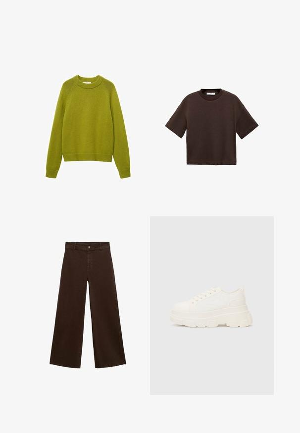 Groene gebreide trui met een geribbelde ronde hals, lange mouwen en een relaxte pasvorm. Bevat een gestructureerd patroon en geribbelde manchetten en zoom.; Bruine T-shirt met korte mouwen, gemaakt van zachte katoen. Heeft een ronde halslijn en een recht model, met een gladde textuur en geen zichtbare patronen.; Bruine wijde broek in katoenmix, met een rafelige zoom, sluiting met een knoop aan de voorkant en een klassieke vijf-pocketstijl. Minimalistisch en veelzijdig.; Witte canvas sneaker met een stevige zool, ronde neus en vijf gaatjes voor veters. Achterste tab voor gemakkelijk aan- en uittrekken. Vloeibare textuur, minimalistisch ontwerp.