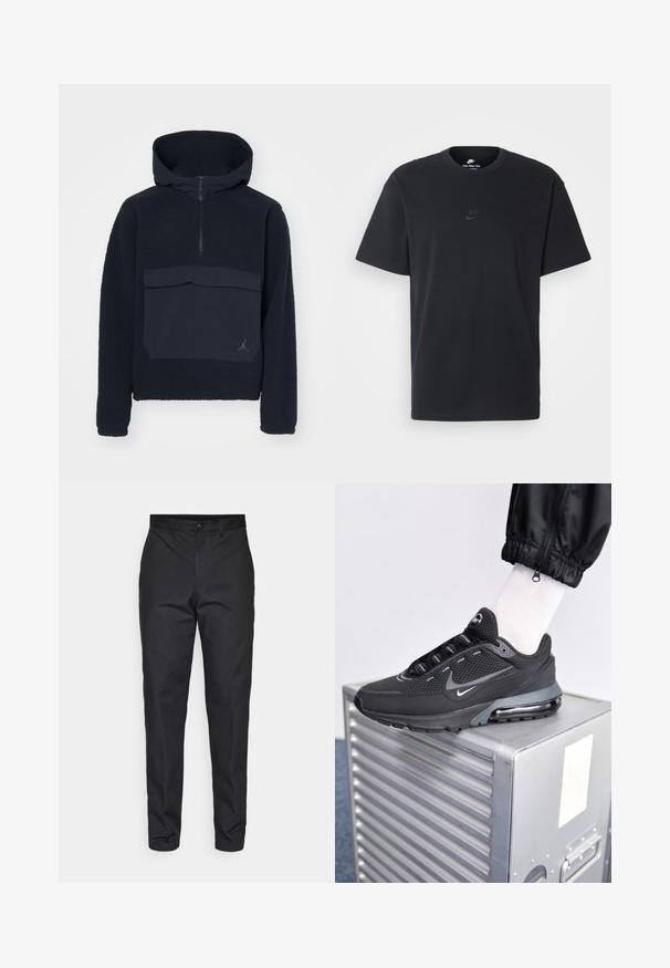 Jordan FLIGHT - Felpa in pile - black; T-shirt in cotone nero della Nike con collo rotondo classico, maniche corte e un logo in rilievo discreto sul petto. Texture liscia.; Pantaloni neri realizzati in un tessuto liscio, con una vestibilità dritta, chiusura con bottone e tasche standard. Nessun motivo o accento visibile.; Nike Sportswear PULSE - Sneakers basse - black/anthracite