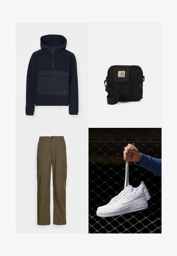Jordan FLIGHT - Fleece jumper - black; White short-sleeve t-shirt made of cotton, featuring a crew neckline and a smooth texture, with a straight cut and no patterns.; Cargo pants in olive green, made of durable fabric. Features two side pockets, a standard waist, and a straight-leg design.; White leather sneakers with perforations, round toe, flat sole, and thick laces, featuring a visible swoosh logo and "AIR" on the heel.; Black crossbody bag with a zippered main compartment, front pocket, adjustable strap, and a visible logo patch on the flap.