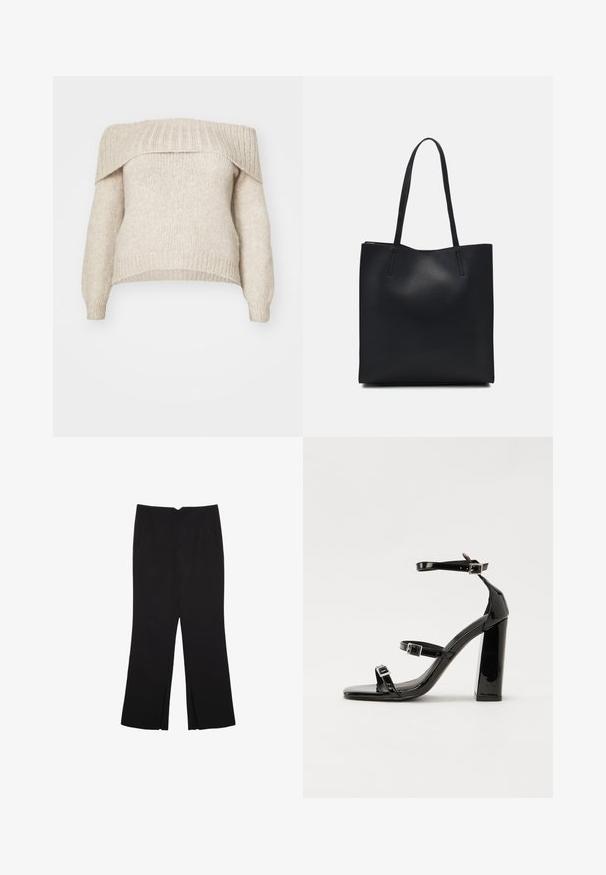 ONLY Carmakoma CARMARIE OFF SHOULDER - Maglione - pumice stone melange; Pantaloni neri a gamba dritta, con tasche frontali e spacchi laterali all'orlo. Realizzati in tessuto morbido e liscio. Adatti a diverse occasioni.; Sandali con tacco in vernice nera, con punta squadrata, cinturini alla caviglia e fibbie in argento. Presentano un tacco a blocco spesso per maggiore stabilità.; Borsa tote in pelle nera con texture liscia, forma rettangolare e due manici lunghi. Nessun hardware o decorazione visibile.