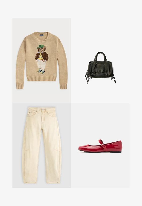 Béžový pletený svetr s vyšitým medvědím motivem, který nosí zelenou čepici, žluté tričko, hnědou bundu a světlé kalhoty se teniskami.; Béžové džíny z denimu s volným střihem, vysokým pasem, pěti kapsami a jemným vyblednutím. Zpracování raw hem na kotnících.; Červené lakované Mary Jane baleríny se čtveratou špičkou, přezkou a nízkým černým podpatkem. Hladký povrch a lesklý finiš.; Černá kožená kabelka s pletenými rukojetmi, kapsou na zip a visícími třásněmi. Texturovaný povrch s kovovými hroty a kovovými akcenty.