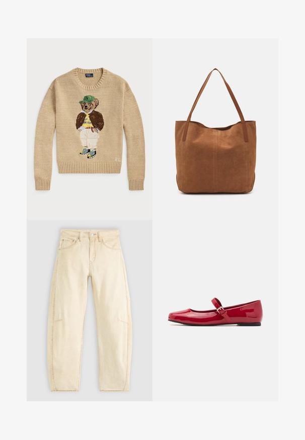 Suéter de malha bege com uma personagem de urso bordada, usando um chapéu verde, uma camisa amarela, um casaco castanho e calças claras com ténis.; Jeans de ganga bege com um corte relaxado, apresentando uma cintura alta, cinco bolsos e um desbotado subtil. Detalhes de bainha crua nos tornozelos.; Sapatilhas Mary Jane de couro vernizado vermelho com bico quadrado, tira com fivela e salto preto baixo. Textura suave e acabamento brilhante.; Saco tote em camurça castanha com duas alças longas, apresentando uma textura suave, design simples e sem hardware ou detalhes visíveis.