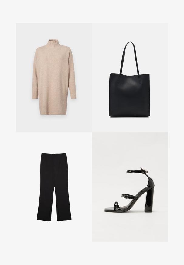 GAP Maglione - cobblestone; Pantaloni neri a gamba dritta, con tasche frontali e spacchi laterali all'orlo. Realizzati in tessuto morbido e liscio. Adatti a diverse occasioni.; Sandali con tacco in vernice nera, con punta squadrata, cinturini alla caviglia e fibbie in argento. Presentano un tacco a blocco spesso per maggiore stabilità.; Borsa tote in pelle nera con texture liscia, forma rettangolare e due manici lunghi. Nessun hardware o decorazione visibile.