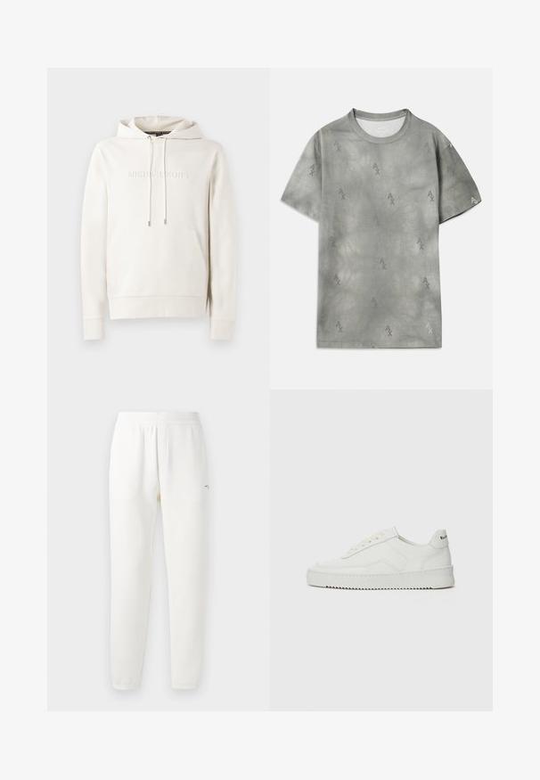 Weiße Kapuzenjacke mit Fronttasche, Kordeln und geprägtem Logo. Hergestellt aus weichem Stoff mit gerippten Bündchen und Saum. Minimalistisches Design.; Graues Baumwoll-T-Shirt mit dezentem AX-Logo-Muster, Rundhalsausschnitt, kurzen Ärmeln und lockerer Passform. Glatte Textur mit einem leicht verwaschenen Stil.; Weiße Jogginghosen aus weichem Stoff, mit einem elastischen Bund, schmal zulaufenden Beinen und einem kleinen Logo auf der linken Seite.; Weiße Ledersneaker mit glatter Oberfläche, runder Zehenpartie, flachen Schnürsenkeln und strukturiertem Sohlenprofil. Mit einem dezenten Logo an der Ferse.
