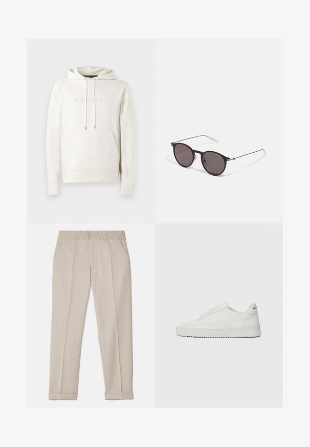 Sudadera blanca con bolsillo frontal, cordones y logotipo en relieve. Fabricada en tejido suave con puños y bajo acanalados. Diseño minimalista.; Filippa K TERRY CROPPED TROUSERS - Pantalones - sage melange; Zapatilla de cuero blanca con un acabado suave, puntera redonda, cordones planos y suela texturizada. Cuenta con un sutil logo en el talón.; Gafas de sol redondas negras con lentes oscuros y brazos metálicos delgados. Incluye puntas de varilla transparentes y acentos plateados en la bisagra. Diseño minimalista.