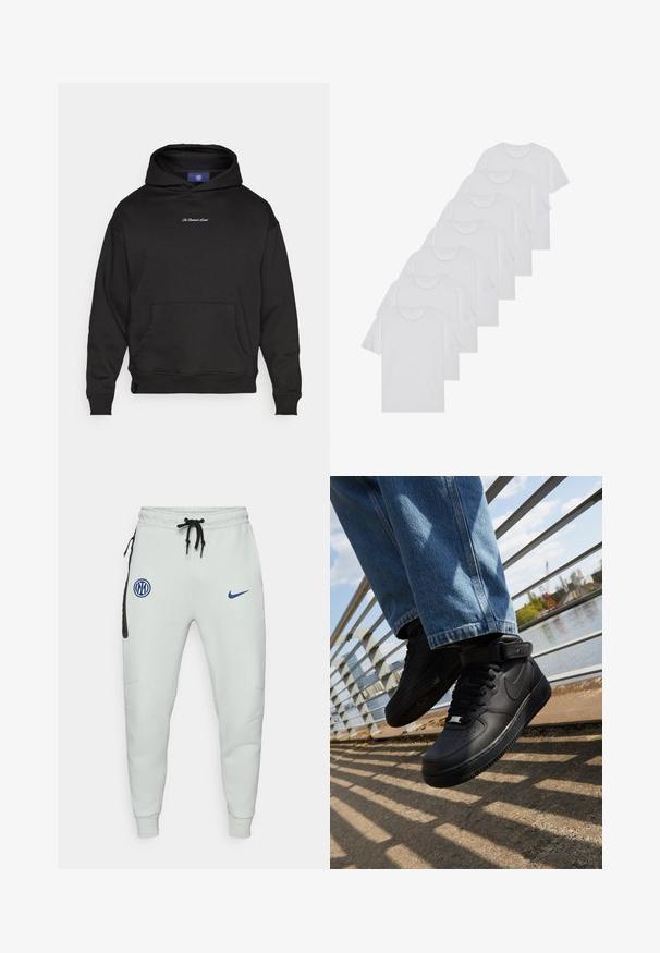 Černá mikina s kapucí vyrobená z polyesterové směsi. Obsahuje klokaní kapsu a žebrované manžety. Vyšívaný text na prsou v bílé barvě. Nastavitelná kapuce.; Bílé bavlněné trička s krátkým rukávem, design s kulatým výstřihem, jednobarevná textura, naskládána do řady, s jemným brandingem na výstřihu.; Světle šedé jogger kalhoty vyrobené z jemné tkaniny, s černou kapsou, modrými logovými nášivkami, nastavitelným páskem na šňůrku a úzkými manžetami.; Černé tenisky Nike Air Force 1 s koženým svrškem, síťovinovou jazykem a gumovou podrážkou, s vysokým designem a silnými tkaničkami.