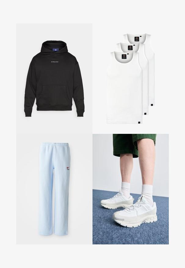 Sort hættejakke lavet af bomuldsblanding. Har en kængurulomme og ribbet manchetter. Broderet tekst på brystet i hvidt. Justerbar hætte.; Tre hvide ribbede tanktops lavet af bomuld. Har en rund hals og små sorte mærker nær sømmen. Fås i flere størrelser.; Lysblå joggebukser med elastisk talje, prydet med et lille rødt Nike-logo og teksten "Athletic Department". Blødt bomuldsstof.; Hvide atletiske sko med teksturerede overlays, en chunky sål og grå accenter. Båret med hvide ankelstrømper og grønne shorts på en blå overflade.