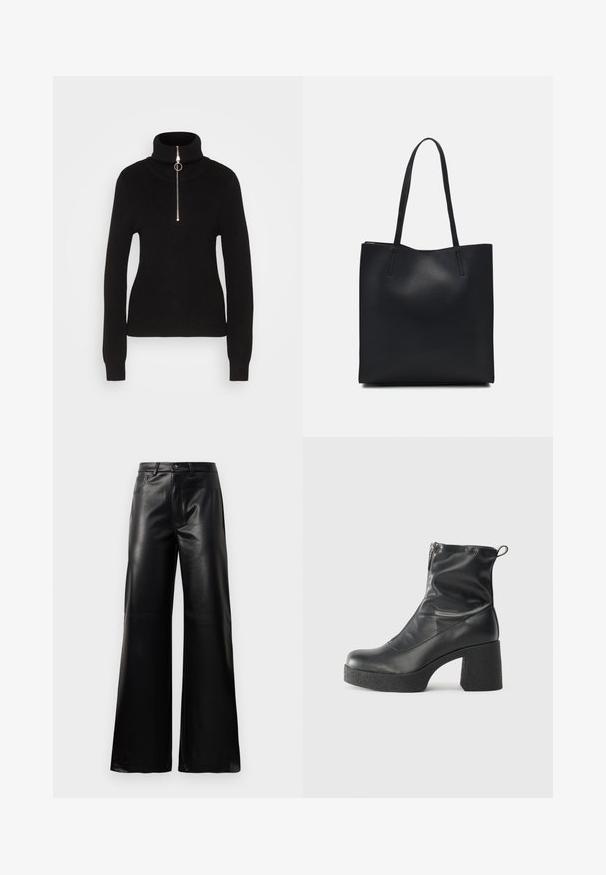 VILA VIRIL HALF ZIPPER - Strickpullover - black; Schwarze leichte, weit geschnittene, hochtaillierte Kunstlederhose mit vorderem Knopf, Reißverschluss, Gürtelschlaufen und Seitentaschen auf weißem Hintergrund.; Schwarze Stiefeletten aus glattem Leder mit seitlichem Reißverschluss, klobigem strukturiertem Absatz und runder Zehenform.; Schwarze Laptoptasche aus Leder mit glatter Textur, rechteckiger Form und zwei langen Griffen. Keine sichtbaren Beschläge oder Verzierungen.
