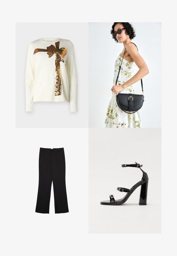 Vit tröja med en stor design av guldpaljetter i form av en rosett, med gröna accenter. Materialet är mjukt med en rundad halsringning och ribbade ärmslut.; Svarta byxor med rak passform, utrustade med framfickor och sidoklyvningar vid fållen. Tillverkade av mjukt, slätt tyg. Lämpliga för olika tillfällen.; Svarta lackerade klacksandaler med fyrkantig tå, ankelremmar och silverfärgade spännen. Har en kraftig blockklack för stabilitet.; Svart läderhandväska med en böjd form, avtagbar rem och guldiga detaljer. Väskan har ett lock med en spänndetalj.