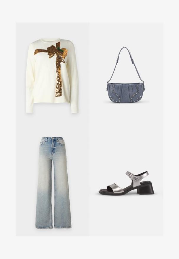 Valge kampsun, millel on suur kuldsete sädelevate paeltega kaunistus ja rohelised aktsendid. Materjal on pehme, ümar kaelus ja soonikkoes mansetid.; Heledad sinine laia säärega teksapüksid, mis on valmistatud denimist, kõrge vöökoht, viis taskut ja nähtav õmblemine õmbluste ääres.; Hõbedased nahast sandaalid avatud varbaga, laia esirihmaga, pahkluu rihmaga, millel on pannal, ja keskmise blokknõelaga.; Denimi õlavarre kott volditud disainiga, sinine värv, hõbedased nupud äärtes ja tekstuuriga rihm.