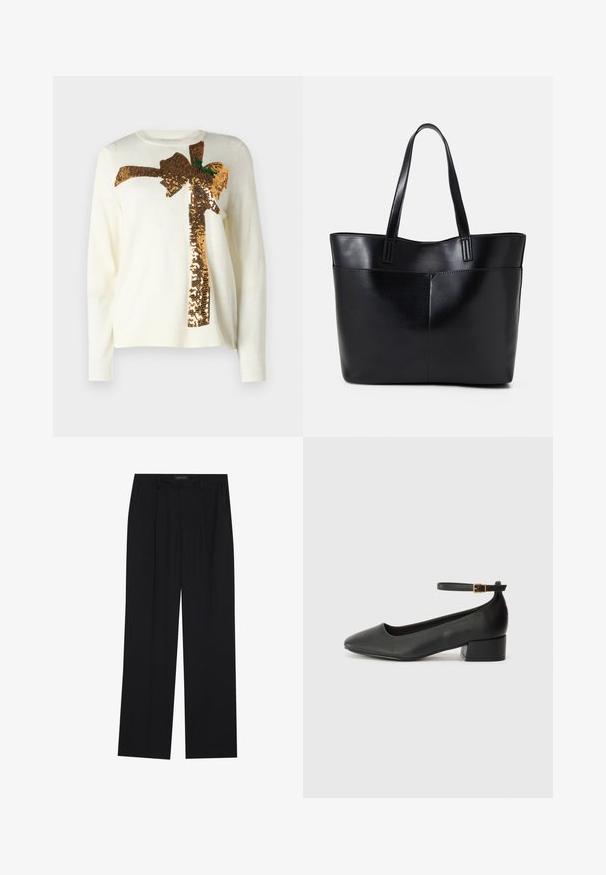 Weißer Pullover mit einem großen goldenen Pailletten-Bow-Design und grünen Akzenten. Das Material ist weich und hat einen runden Halsausschnitt sowie gerippte Bündchen.; Schwarze Hose mit geradem Bein, ausgestattet mit zwei frontalen Taschen und einem Taillenbund. Hergestellt aus einem glatten, leichten Stoff.; Schwarze Lederpumps mit spitzem Zehenbereich und niedrigem Blockabsatz. Mit einem Knöchelriemen und einer goldfarbenen Schnalle. Glatte Textur.; Schwarze Leder-Shopper-Tasche mit zwei langen Griffen, einer glatten Textur und einer strukturierten Form. Verfügt über eine Vordertasche für zusätzlichen Stauraum.