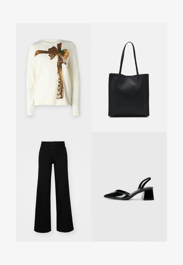 Pulover alb cu un design mare de fundă din paiete aurii, cu accente verzi. Materialul este moale, cu guler rotund și mansete striate.; Pantaloni negri cu picioare largi, din denim, cu un brau structurat, bucle pentru curea și buzunare frontale. Textură netedă, cu un design clasic.; Pantofi cu toc slingback din piele lacuită neagră, cu vârf ascuțit și toc geometric. Prezintă un design elegant, minimalist și o textură netedă.; Geantă tote neagră din piele, cu textură netedă, formă rectangulară și două mânere lungi. Fără hardware vizibil sau ornamente.