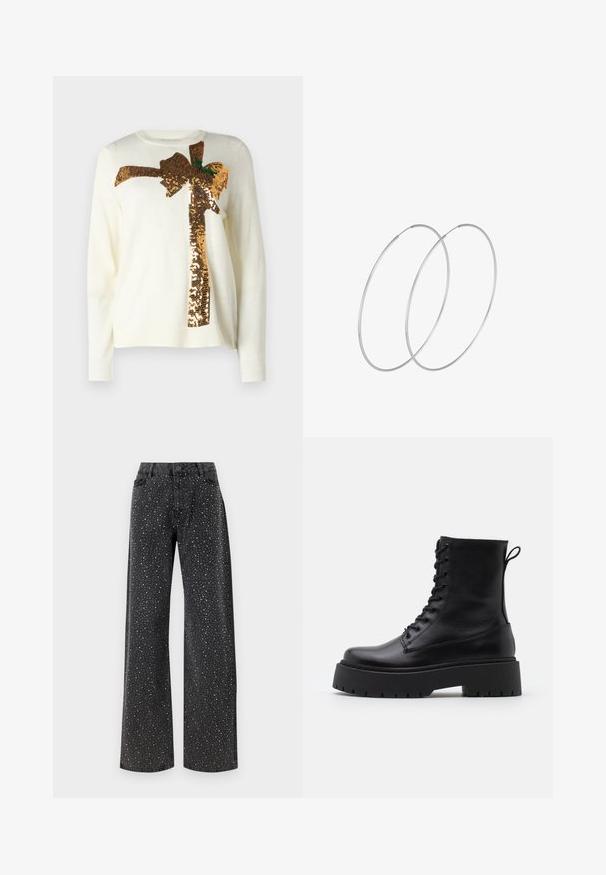 Bílý svetr s velkým zlatým designem mašle z flitrů a zelenými akcenty. Materiál je měkký s kulatým výstřihem a žebrovanými manžetami.; Noisy May NMJANNEL LOOSE - Džíny Relaxed Fit - black denim; Černé kožené kotníkové boty s kulatou špičkou, šněrováním na přední straně a silnou gumovou podešví s texturovaným vzorkem. S poutkem vzadu.; Stříbrné kruhové náušnice s minimalistickým designem. Kruh, hladký povrch a tenký profil. Lehká konstrukce s lesklým povrchem.