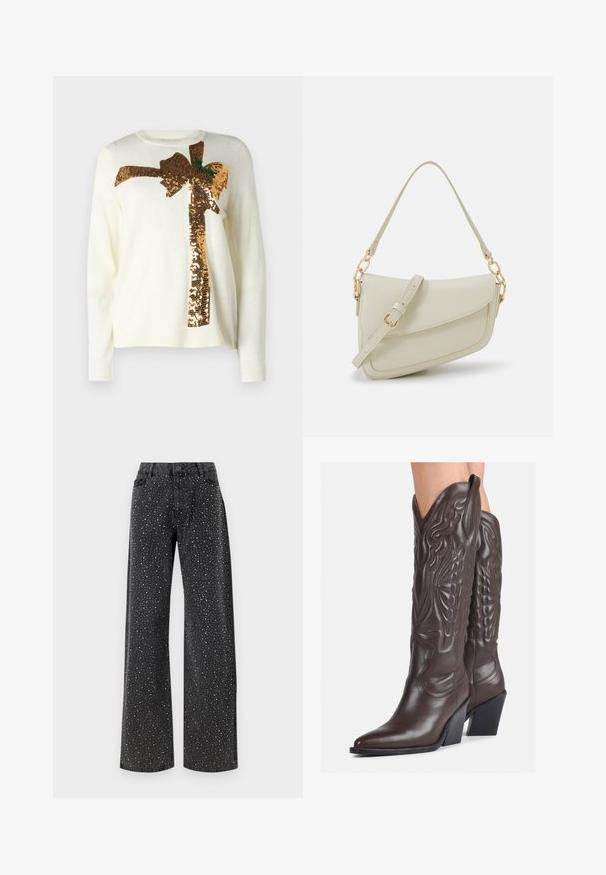 White sweater featuring a large gold sequin bow design, with green accents. The material is soft with a crew neckline and ribbed cuffs.; Noisy May NMJANNEL LOOSE - Relaxed fit jeans - black denim; Brown leather cowboy boots with pointed toe and block heel, featuring detailed stitching and raised accents on the shaft.; Small cream handbag with a textured finish, a long adjustable strap, a chain accent, and a flap closure. Gold hardware detailing.; Silver hoop earrings with a minimalist design. Circular shape, smooth texture, and thin profile. Lightweight with a polished finish.