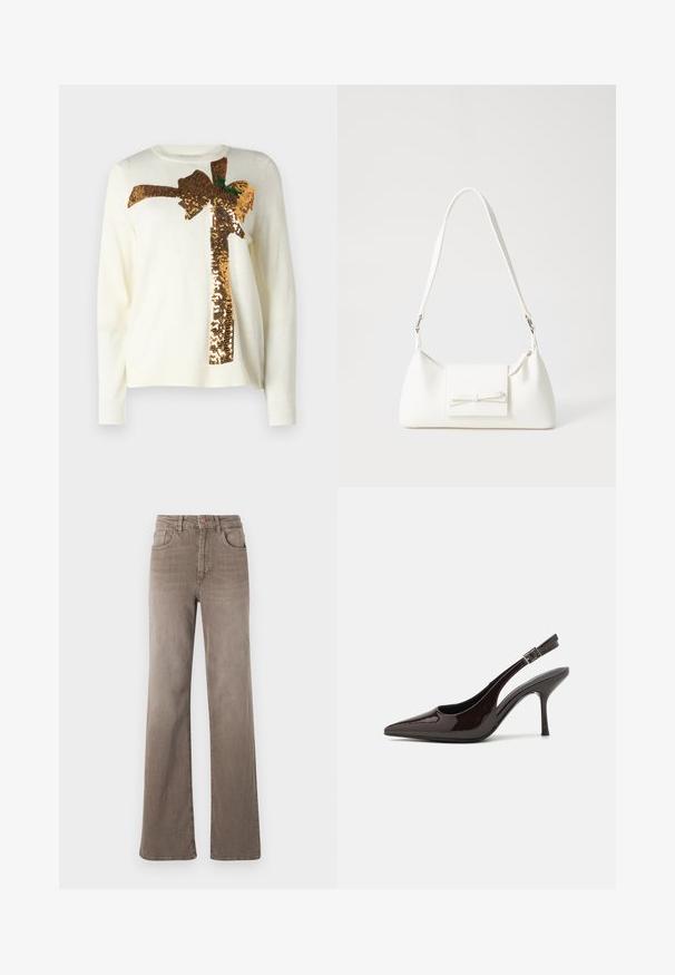 Witte trui met een groot gouden pailletten strikontwerp, voorzien van groene accenten. Het materiaal is zacht, heeft een ronde halslijn en geribbelde mouwen.; Bruine hoge taille straight-leg jeans met een knoop aan de voorkant, riemlussen en een klassieke vijf-pocket design op een witte achtergrond.; Slingback hoge hak schoen in glanzend donkerbruin patentleer, puntige neus, open zijkanten en verstelbare enkelband.; Witte synthetische handtas met een driehoekige vorm, platte voorklep en strikdetail, verstelbare schouderriem, gladde textuur en minimalistisch ontwerp.