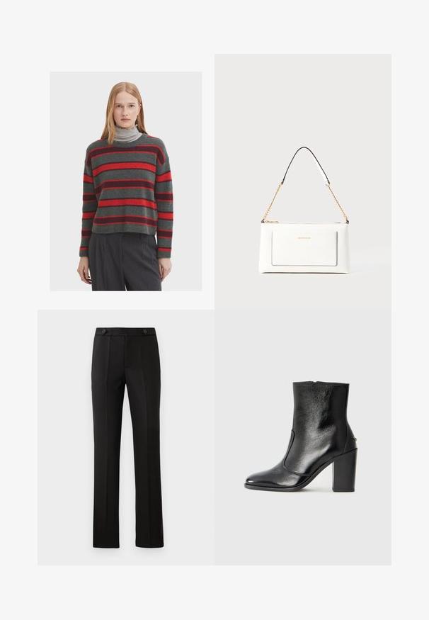 Sweter wełniany ma szary podstawowy kolor z szerokimi czerwonymi i ciemnoczerwonymi paskami. Z ribbowanym okrągłym dekoltem i mankietami, noszony z szarym golfem pod spodem.; Czarne spodnie o dopasowanym kroju z prostymi nogawkami, dwoma przednimi kieszeniami, zapięciem na guzik oraz detalami w postaci plis na przodzie. Gładka tekstura materiału.; Czarne skórzane botki za kostkę o gładkiej fakturze, spiczastym nosku i grubym wysokim obcasie. Posiadają boczne wycięcie i minimalistyczny design.; Biała skórzana torebka o teksturowanym wykończeniu, z złotą łańcuszkową rączką i czarnymi akcentami. Zawiera przednią kieszeń oraz zamek błyskawiczny.