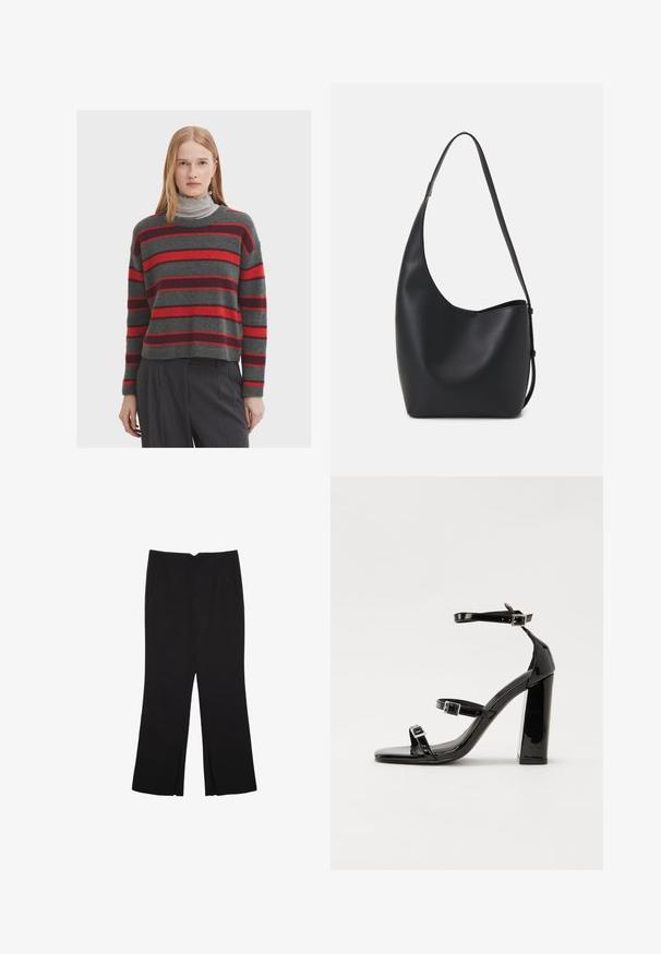 Der gestrickte Pullover hat eine graue Basis mit breiten roten und dunkelroten Streifen. Er hat einen gerippten Rundhalsausschnitt und Bündchen, kombiniert mit einem grauen Rollkragenpullover darunter.; Schwarze Hose mit geradem Schnitt, ausgestattet mit Fronttaschen und Seitenschlitzen am Saum. Hergestellt aus weichem, glattem Stoff. Geeignet für verschiedene Anlässe.; Schwarze patentierte Sandalen mit Absatz, quadratischer Spitze, Knöchelriemen und silbernen Schnallen. Mit einem stabilen Blockabsatz für mehr Stabilität.; Schwarze Leder-Hobo-Tasche mit einer glatten Textur, geschwungener Form und einem einzelnen verstellbaren Tragegurt; verfügt über eine weite Öffnung am oberen Ende.