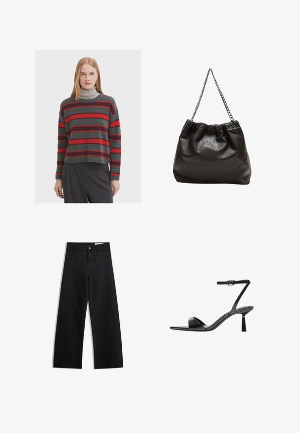 Il maglione lavorato a maglia presenta una base grigia con ampie strisce rosse e rosso scuro. Ha un collo a girocollo e polsini a coste, abbinati a un dolcevita grigio sotto.; Pantaloni in denim neri a gamba larga con vita alta, dotati di tasche anteriori e posteriori, cuciture a punto, e chiusura con bottone. Texture liscia.; Bershka Sandali con tacco - black; Borsa in pelle marrone con parte superiore arricciata e tracolla a catena. Texture liscia con finitura lucida e dettagli di cucitura sottili sui lati.