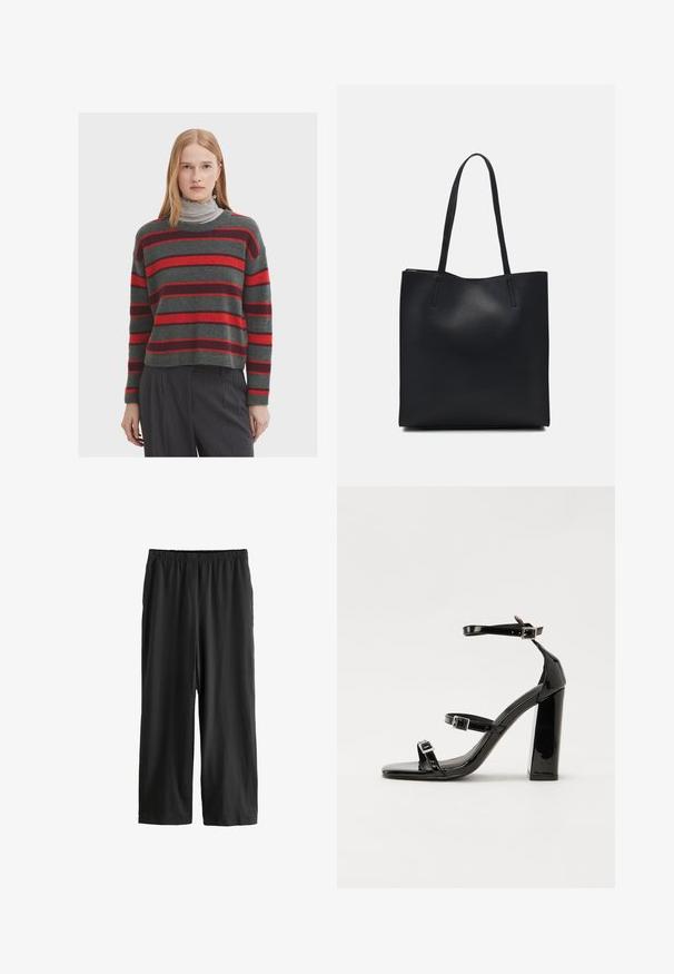 Der gestrickte Pullover hat eine graue Basis mit breiten roten und dunkelroten Streifen. Er hat einen gerippten Rundhalsausschnitt und Bündchen, kombiniert mit einem grauen Rollkragenpullover darunter.; Schwarze, knielange Hosen aus leichtem Stoff. Elastischer Bund und glatte Textur mit geradem Bein. Keine sichtbaren Details oder Muster.; Schwarze patentierte Sandalen mit Absatz, quadratischer Spitze, Knöchelriemen und silbernen Schnallen. Mit einem stabilen Blockabsatz für mehr Stabilität.; Schwarze Laptoptasche aus Leder mit glatter Textur, rechteckiger Form und zwei langen Griffen. Keine sichtbaren Beschläge oder Verzierungen.