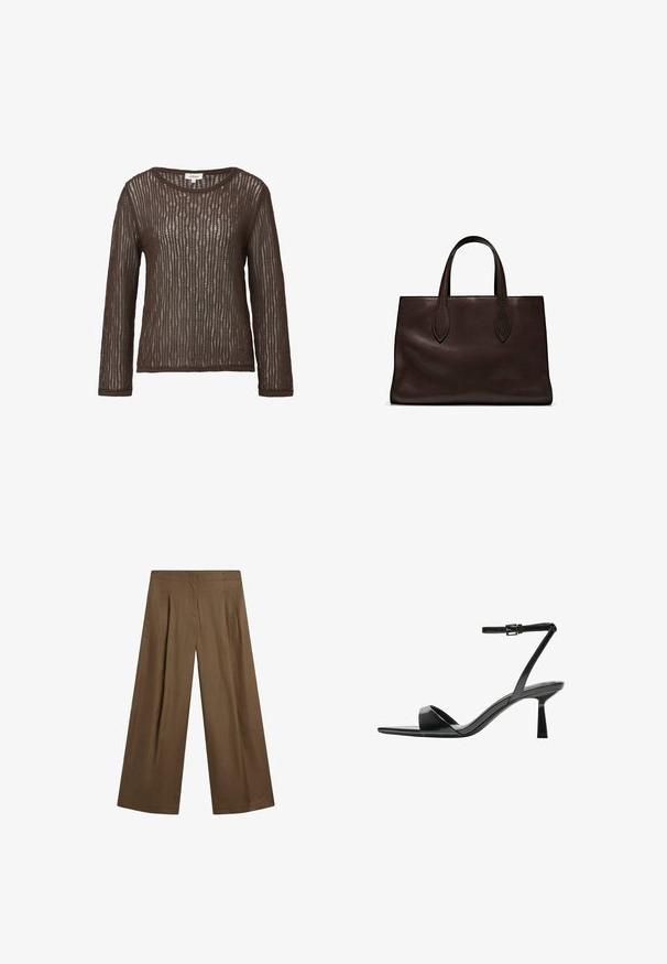 Braunes, langärmliges Oberteil aus einem gerippten, strukturierten Strickstoff, mit einem Bootsausschnitt und einer lockeren Passform.; Weite Hosen in einem einfarbigen Braun, aus einem weichen Stoff mit glatter Textur gefertigt. Mit Vorderfalten und einem taillierten Bund.; Bershka High Heel Sandalette - black; Braune Ledertasche mit zwei langen Griffen, strukturierte rechteckige Form, glatte Textur und dezente Nähdetails.