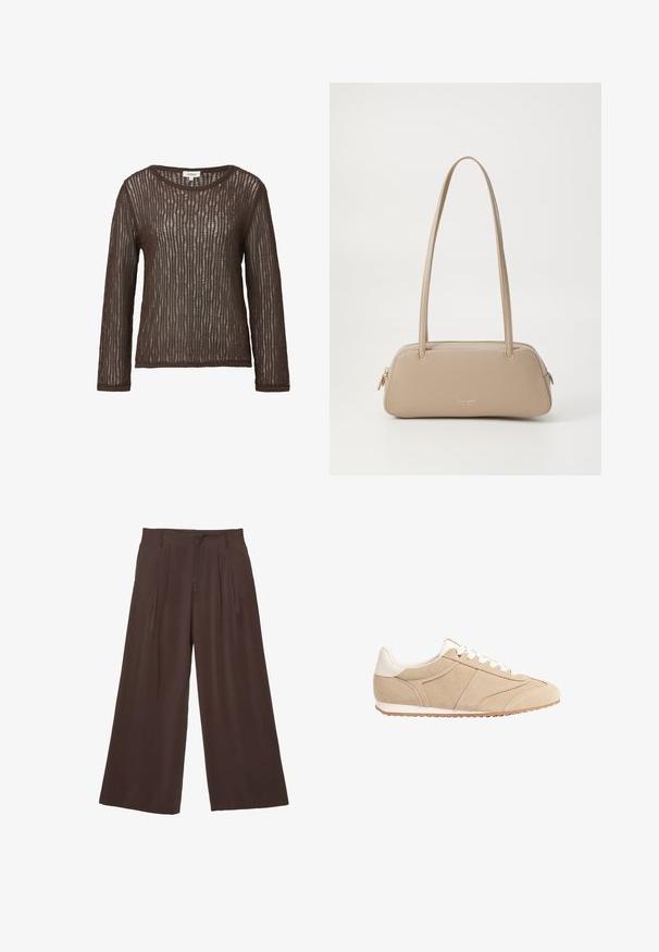 Top marrone a maniche lunghe realizzato in un tessuto a maglia rigata e testurizzata, con scollatura a barchetta e vestibilità comoda.; Pantaloni a gamba larga in tessuto marrone scuro, caratterizzati da due pieghe frontali, una texture liscia e un design semplice con passanti per la cintura.; Stradivarius Sneakers basse - beige; Borsa a mano in pelle beige con una superficie liscia, forma rettangolare, due manici e accessori in tonalità oro. Presenta una chiusura a zip su un lato.