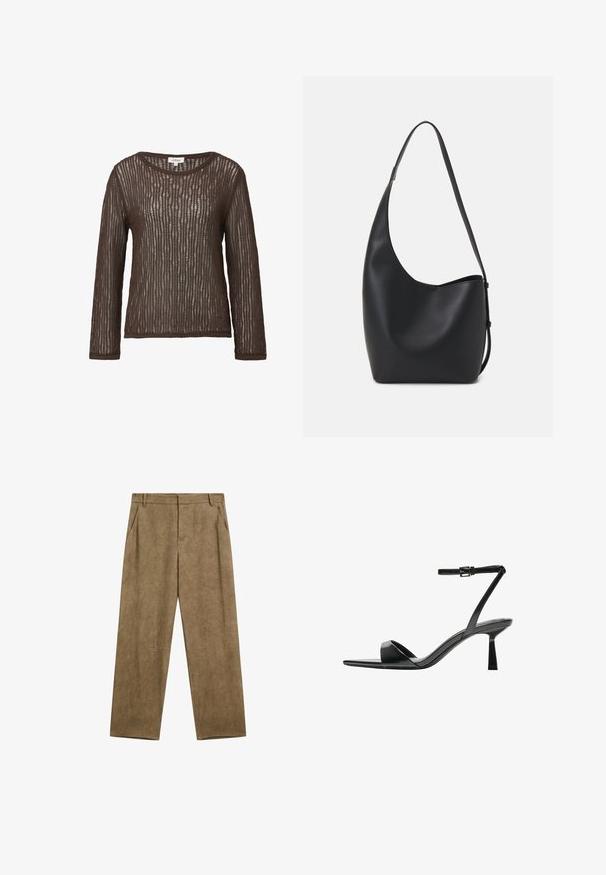 Haut marron à manches longues en tissu tricoté texturé à côtes, avec un col bateau et une coupe décontractée.; Pantalons en lin marron avec une coupe décontractée, dotés de deux poches latérales et d'une texture lisse, conçus avec une taille haute et des jambes larges.; Bershka Sandales à talons hauts - black; Sac hobo en cuir noir avec une texture lisse, une forme incurvée et une seule sangle réglable ; dispose d'une large ouverture en haut.